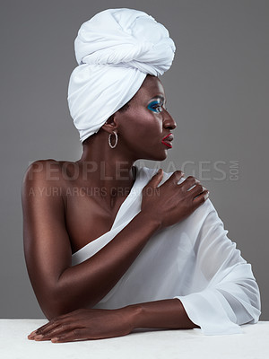 Buy stock photo African, profile and woman with creative makeup, style and pride in beauty of indigenous culture. Studio, model and glow on skin with color cosmetics to shine in traditional tribal fashion aesthetic
