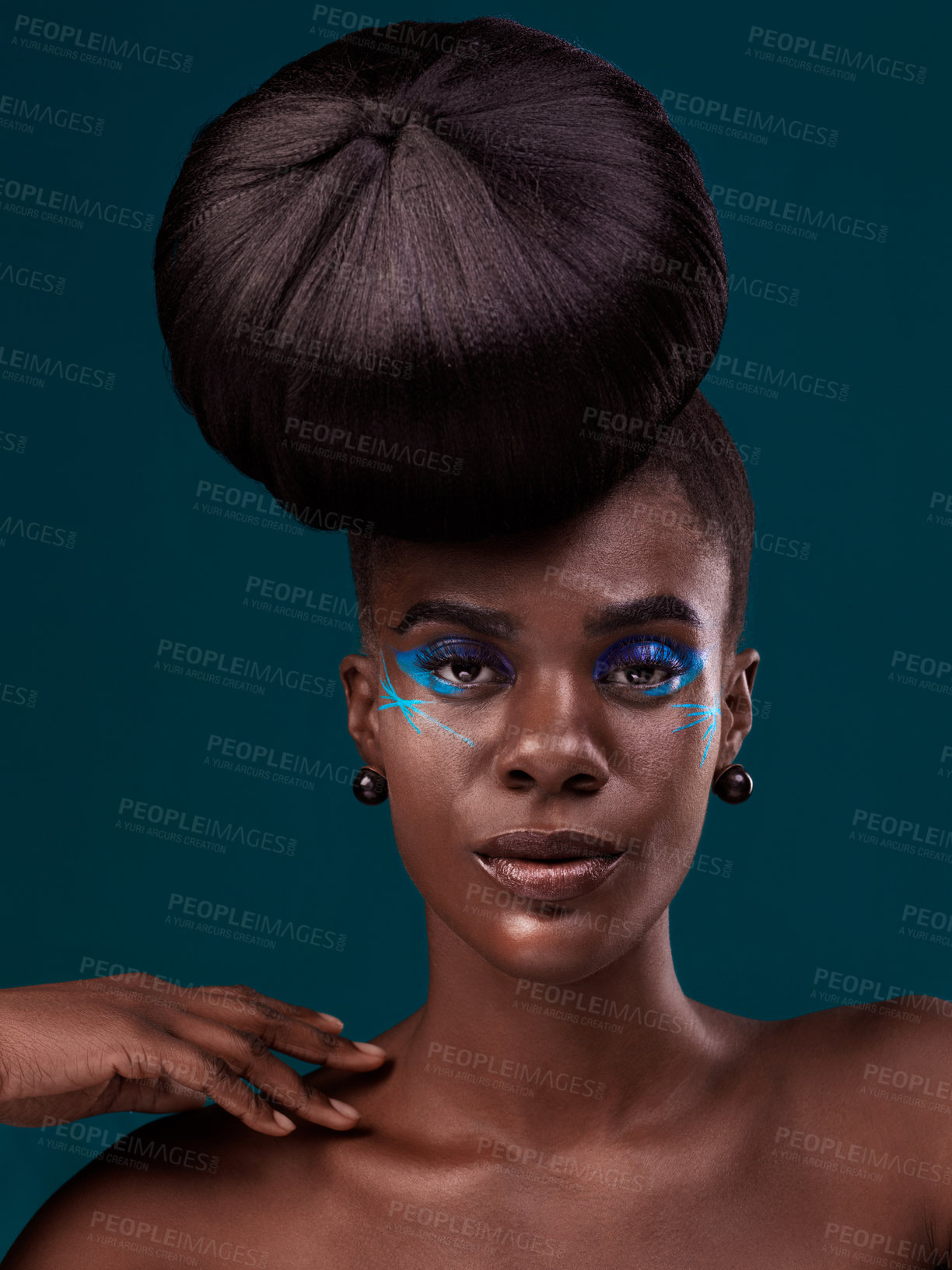 Buy stock photo Portrait, hair and makeup with an african woman in studio on a blue background for beauty or cosmetics. Face, haircare and fashion with an attractive young female model at the salon for trendy style