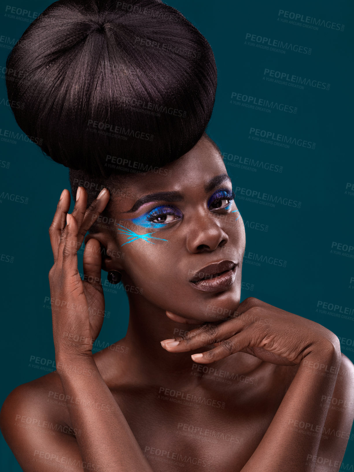 Buy stock photo Portrait, hair and cosmetics with an african woman in studio on a blue background for beauty or makeup. Eyeshadow, haircare and fashion with an attractive young female model at the salon for style