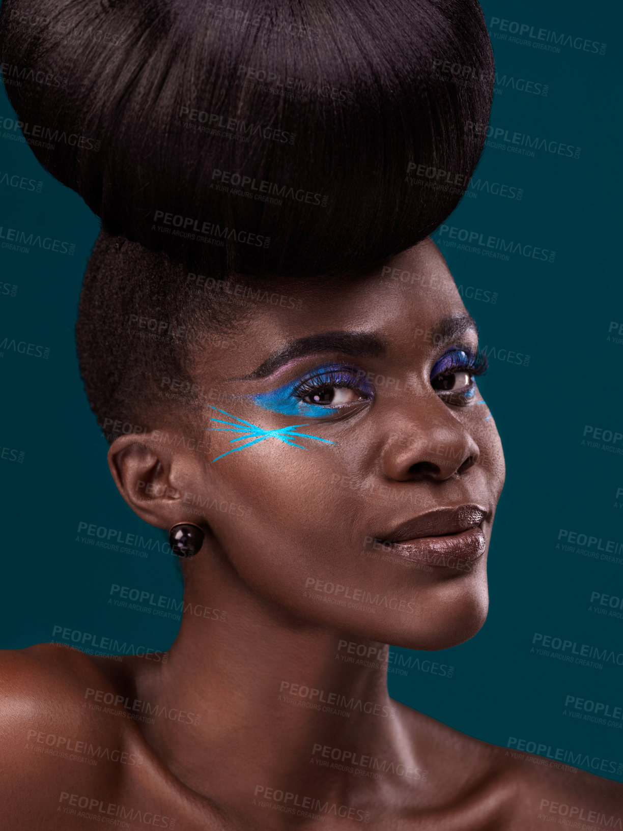 Buy stock photo Portrait, haircare and makeup with a model black woman in studio on a blue background for beauty. Face, hair and cosmetics with an attractive young female person at the salon for fashion or styling