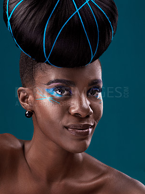 Buy stock photo Idea, hair care and cosmetics with a model black woman in studio on a blue background for beauty. Thinking, makeup and face with an attractive young female person at the salon for fashion or styling