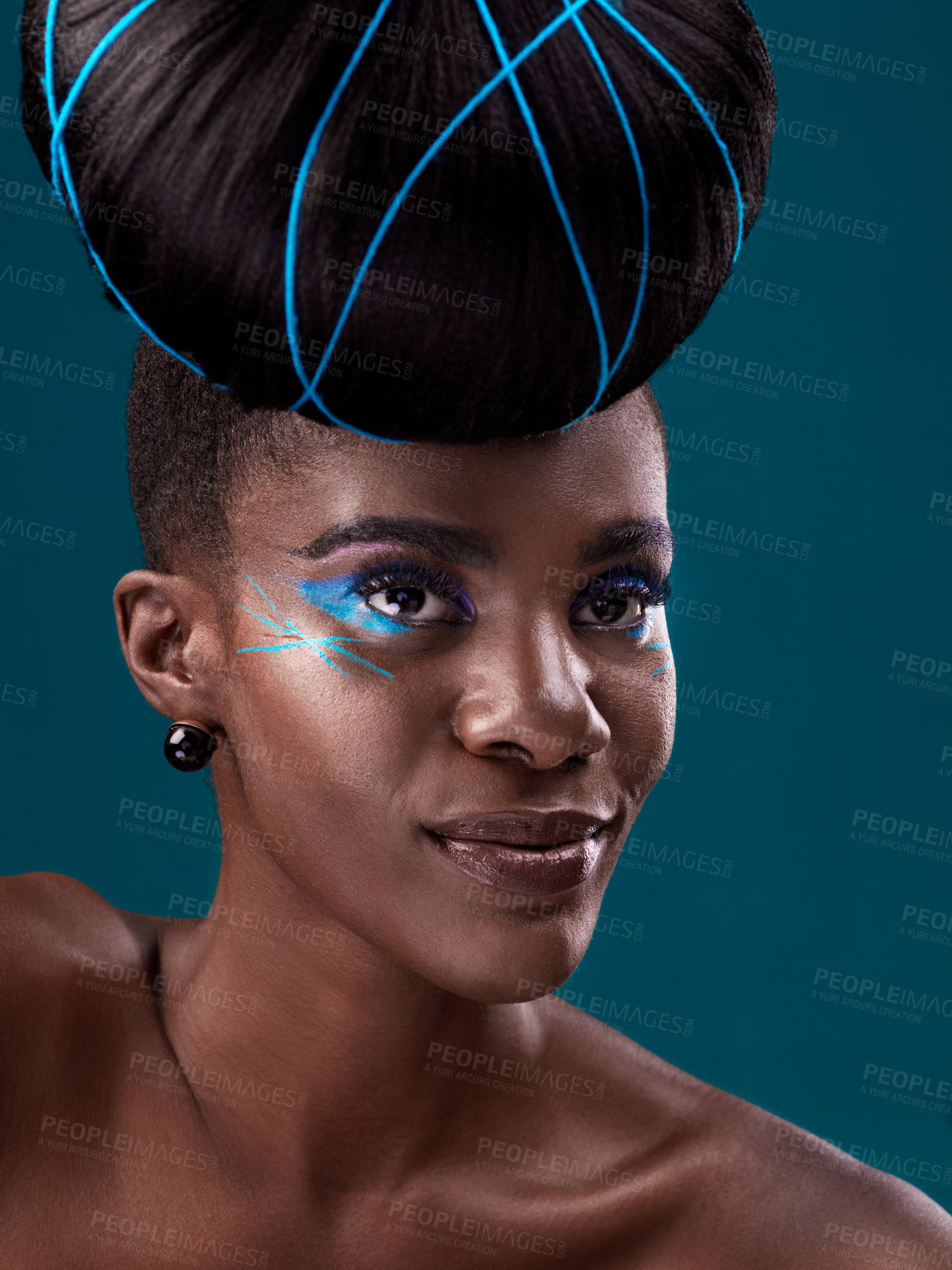 Buy stock photo Idea, hair care and cosmetics with a model black woman in studio on a blue background for beauty. Thinking, makeup and face with an attractive young female person at the salon for fashion or styling