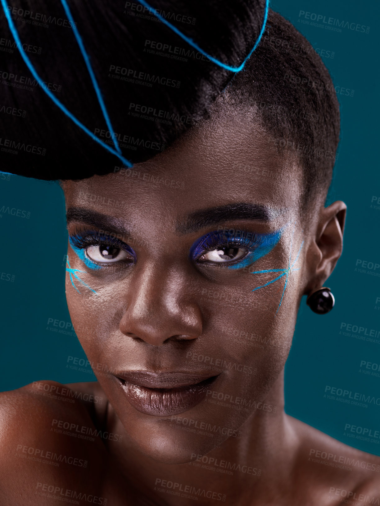 Buy stock photo Portrait, makeup and eye shadow with a black woman in studio on a blue background for beauty. Face, hair and cosmetics with an attractive young female model at the salon for fashion or styling