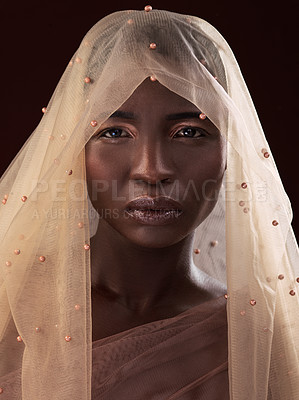 Buy stock photo Portrait, model or black woman with makeup, scarf or confidence in studio on dark background. Beauty glow, face or proud African lady with traditional wrap, eyeshadow cosmetics or creative fashion