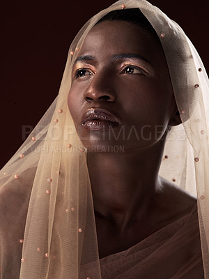 Buy stock photo Thinking, face or black woman with makeup, scarf or confidence in studio on black background. Beauty glow, fashion or proud African model with traditional wrap, eyeshadow cosmetics or creative outfit