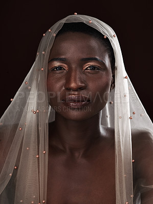 Buy stock photo Portrait, makeup and black woman in shawl in studio for culture isolated on a dark background. Face, cosmetics and serious African model in traditional wrap for beauty, skin or fashion in Nigeria
