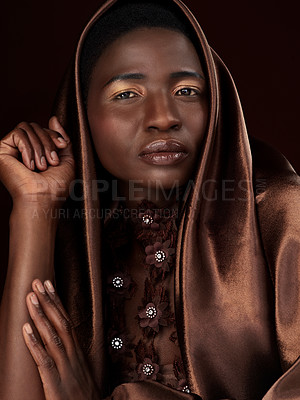 Buy stock photo Portrait, fashion and serious black woman in scarf for culture isolated on dark studio background. Face, cosmetics or confident African model in traditional shawl for beauty, skin and makeup in Kenya
