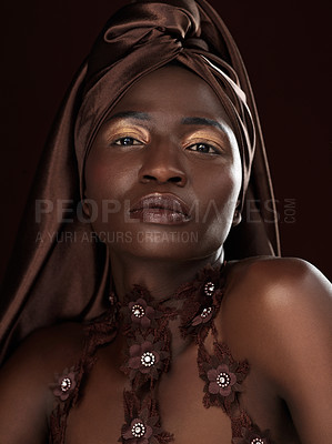 Buy stock photo Black woman, wrap and portrait in studio for fashion, natural beauty and makeup on dark background. Cosmetics, confidence and African female model with traditional head scarf, accessories or glamour