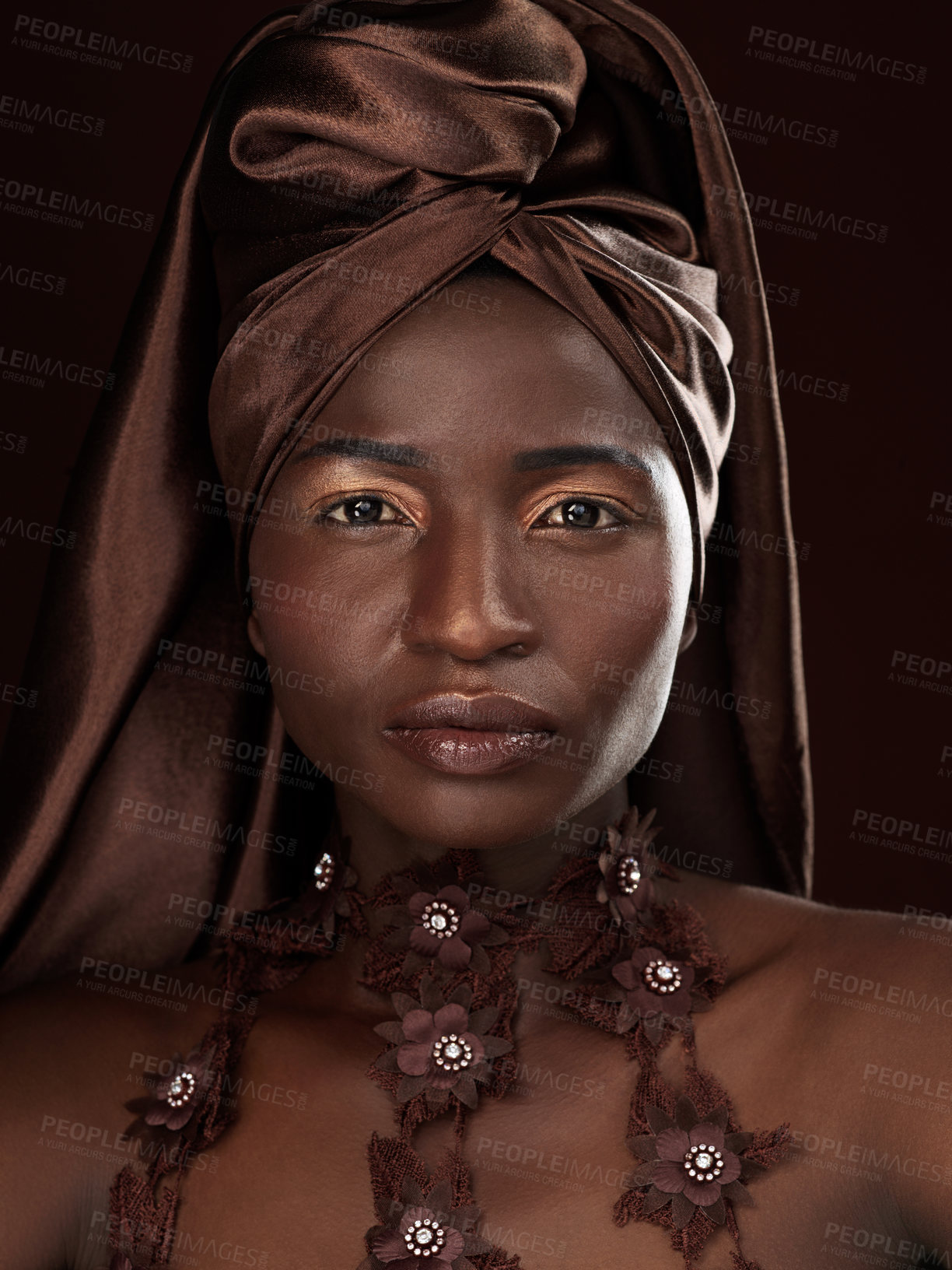 Buy stock photo Black woman, wrap and portrait in studio for confidence, beauty and makeup on dark background. Cosmetics, African fashion and female model with traditional head scarf, accessories or glamour and glow