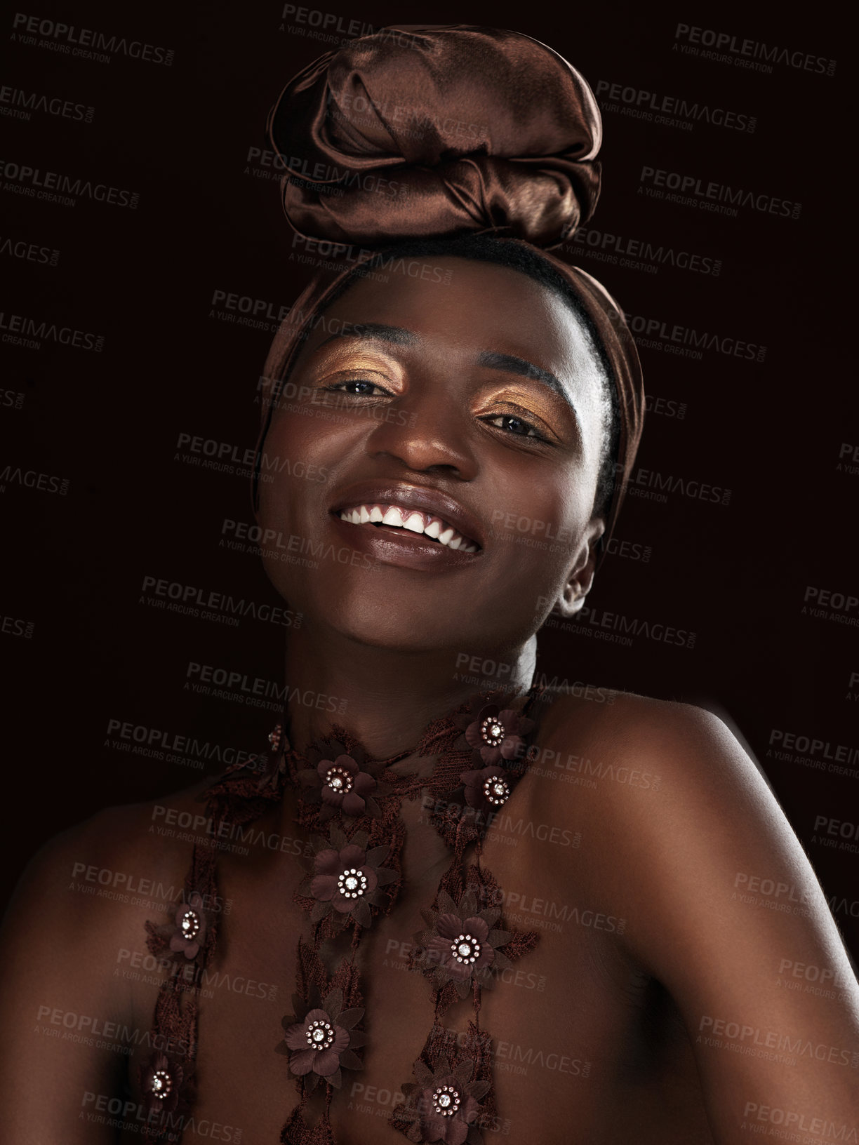 Buy stock photo Smile, wrap and portrait of black woman in studio for fashion, natural beauty and makeup on dark background. Happy, cosmetics and African model with traditional head scarf, accessories or glamour