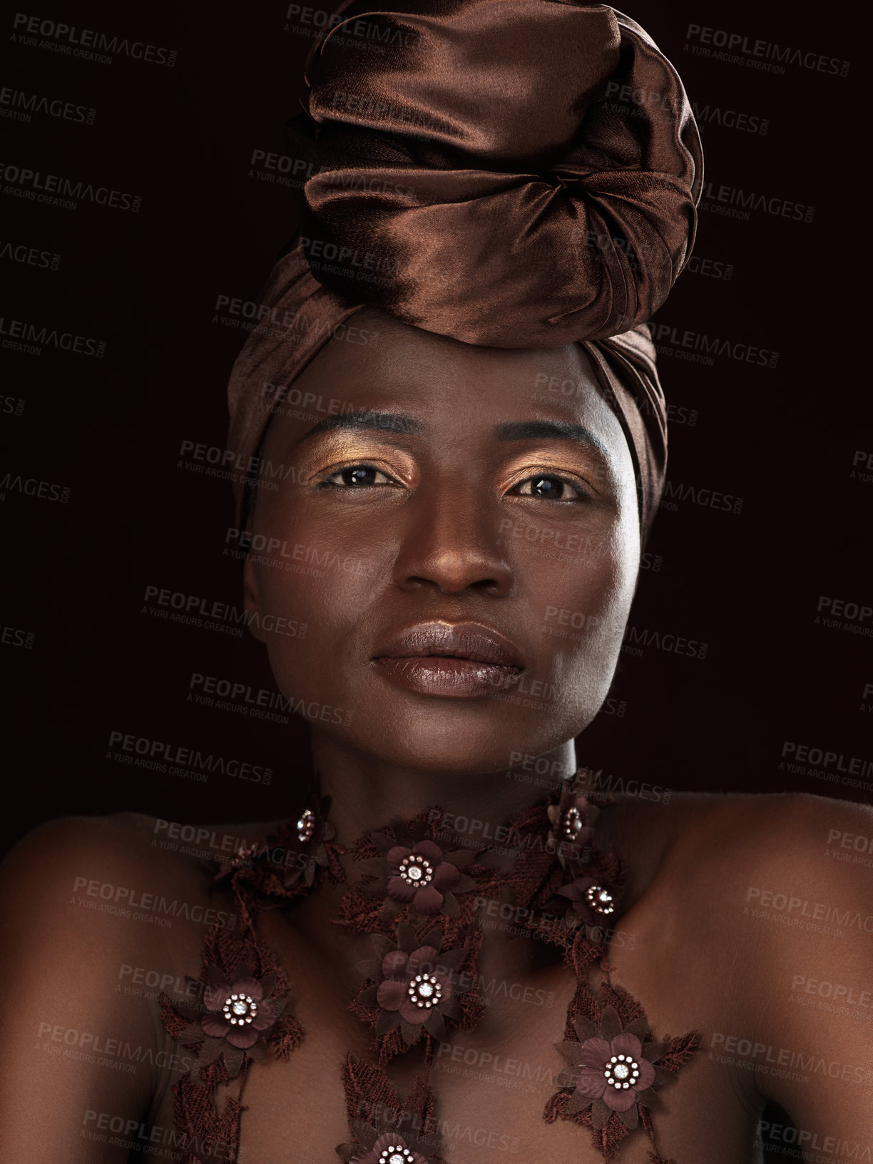 Buy stock photo Portrait, wrap and black woman in studio for makeup, natural beauty and eyeshadow on dark background. Aesthetic, confidence and African model with traditional head scarf, accessories or glamour