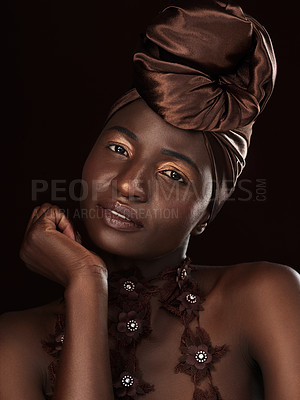 Buy stock photo Portrait, wrap and black woman in studio for glamour, natural beauty and eyeshadow on dark background. Cosmetics, makeup and African female model with traditional head scarf, skincare or aesthetic