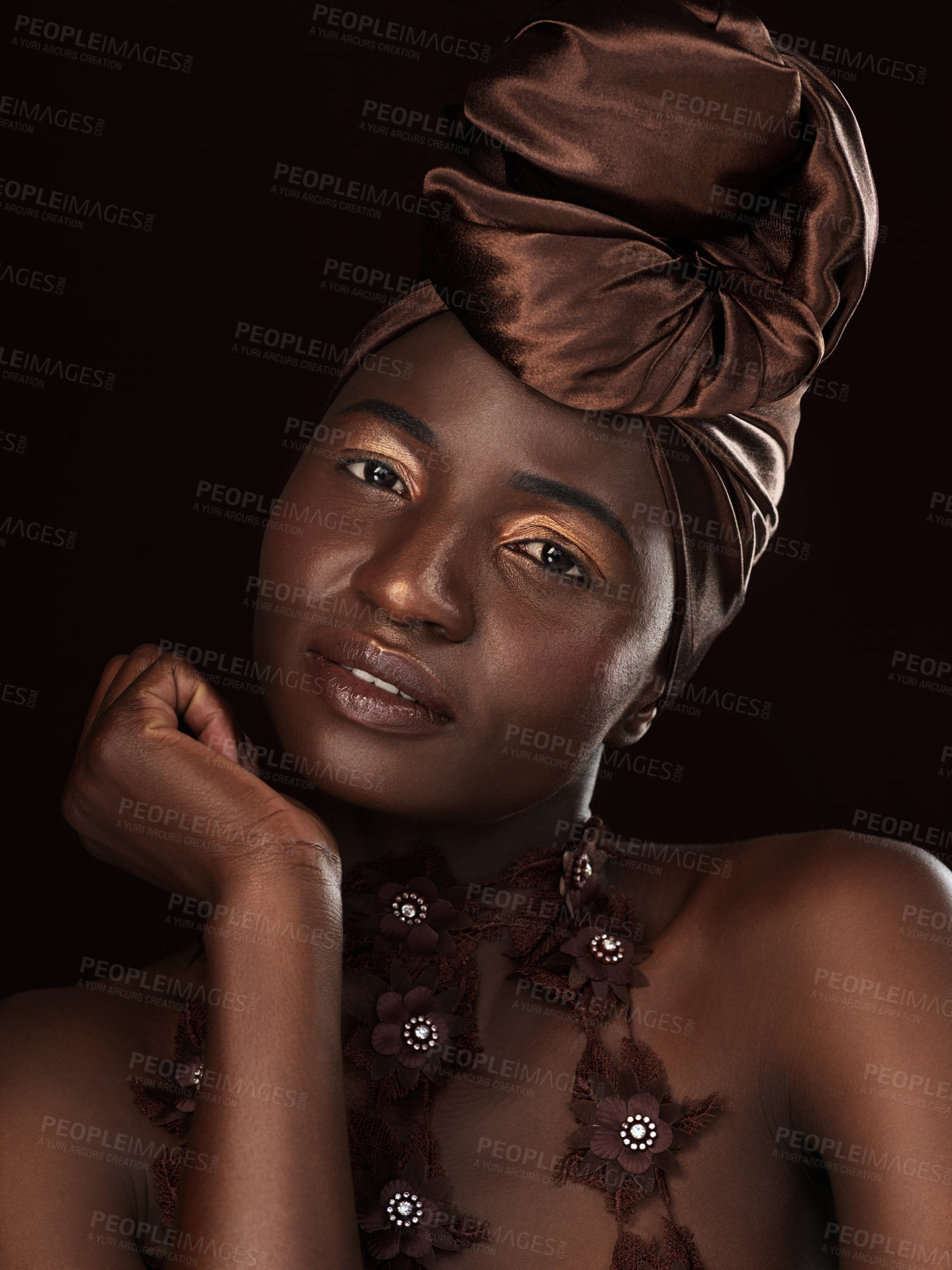 Buy stock photo Portrait, wrap and black woman in studio for glamour, natural beauty and eyeshadow on dark background. Cosmetics, makeup and African female model with traditional head scarf, skincare or aesthetic