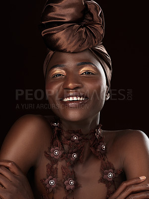 Buy stock photo Happy, wrap and portrait of black woman in studio for cosmetics, natural beauty and makeup on dark background. Smile, glamour and African female model with traditional head scarf, eyeshadow and glow