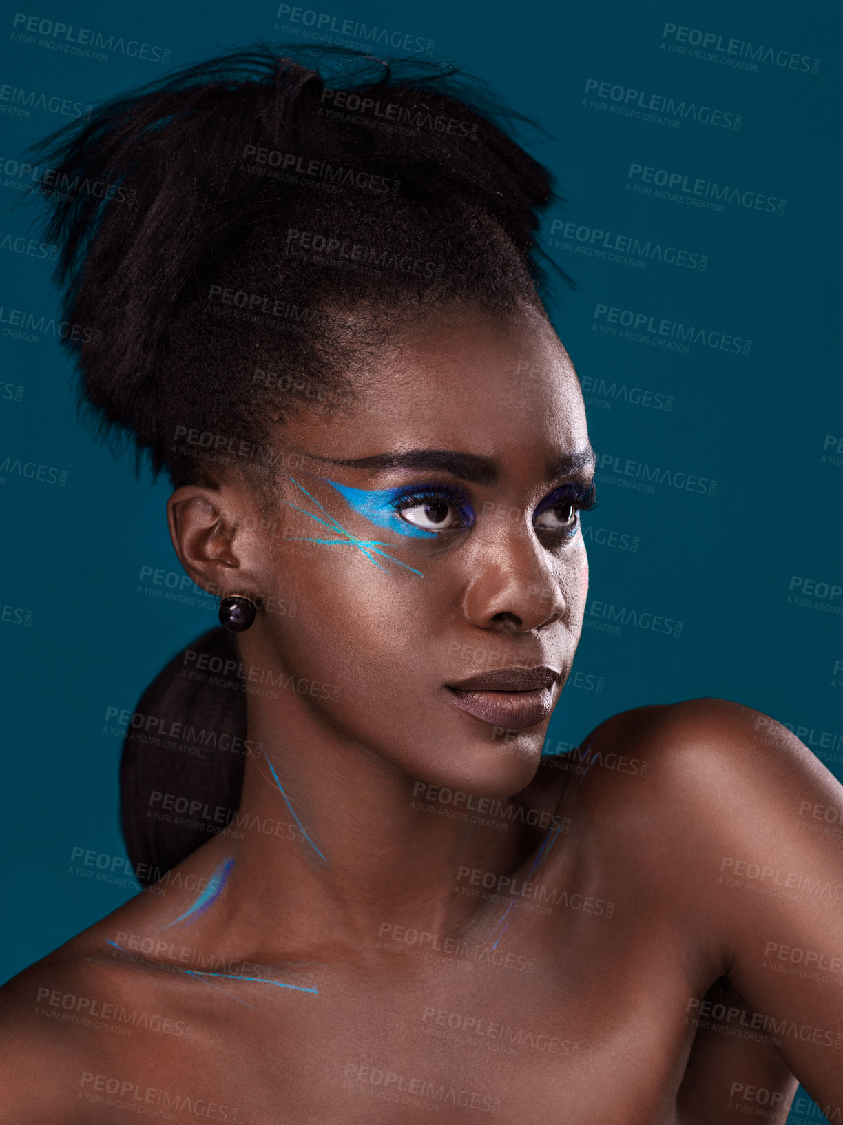 Buy stock photo Thinking, natural hair and makeup with a black woman in studio on a blue background for beauty. Idea, haircare and cosmetics with an attractive young female model at the salon for fashion or styling