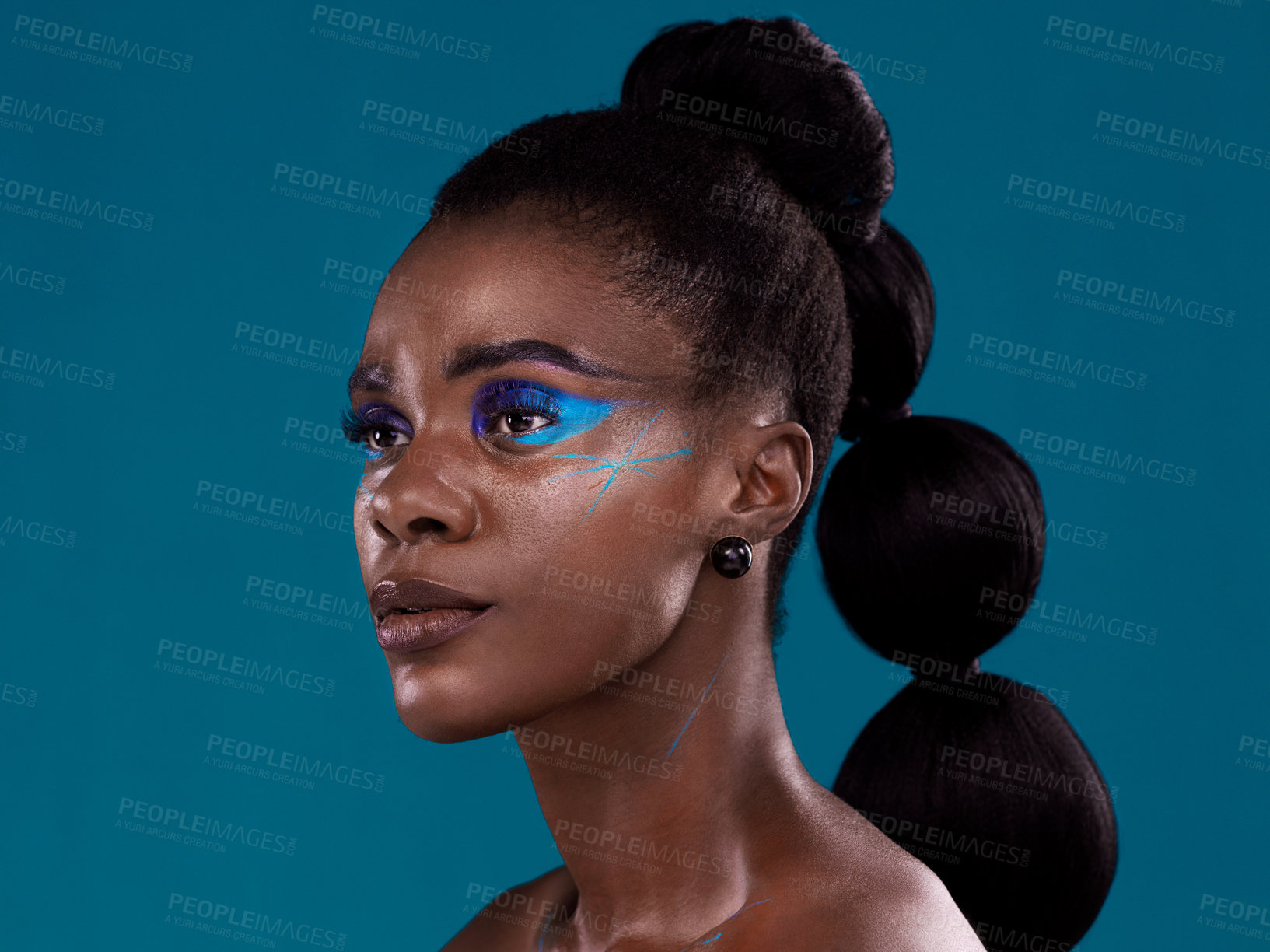 Buy stock photo Idea, makeup and cosmetic with a model black woman in studio on a blue background for hair or beauty. Face, thinking and fashion with an attractive young female person posing to promote cosmetics