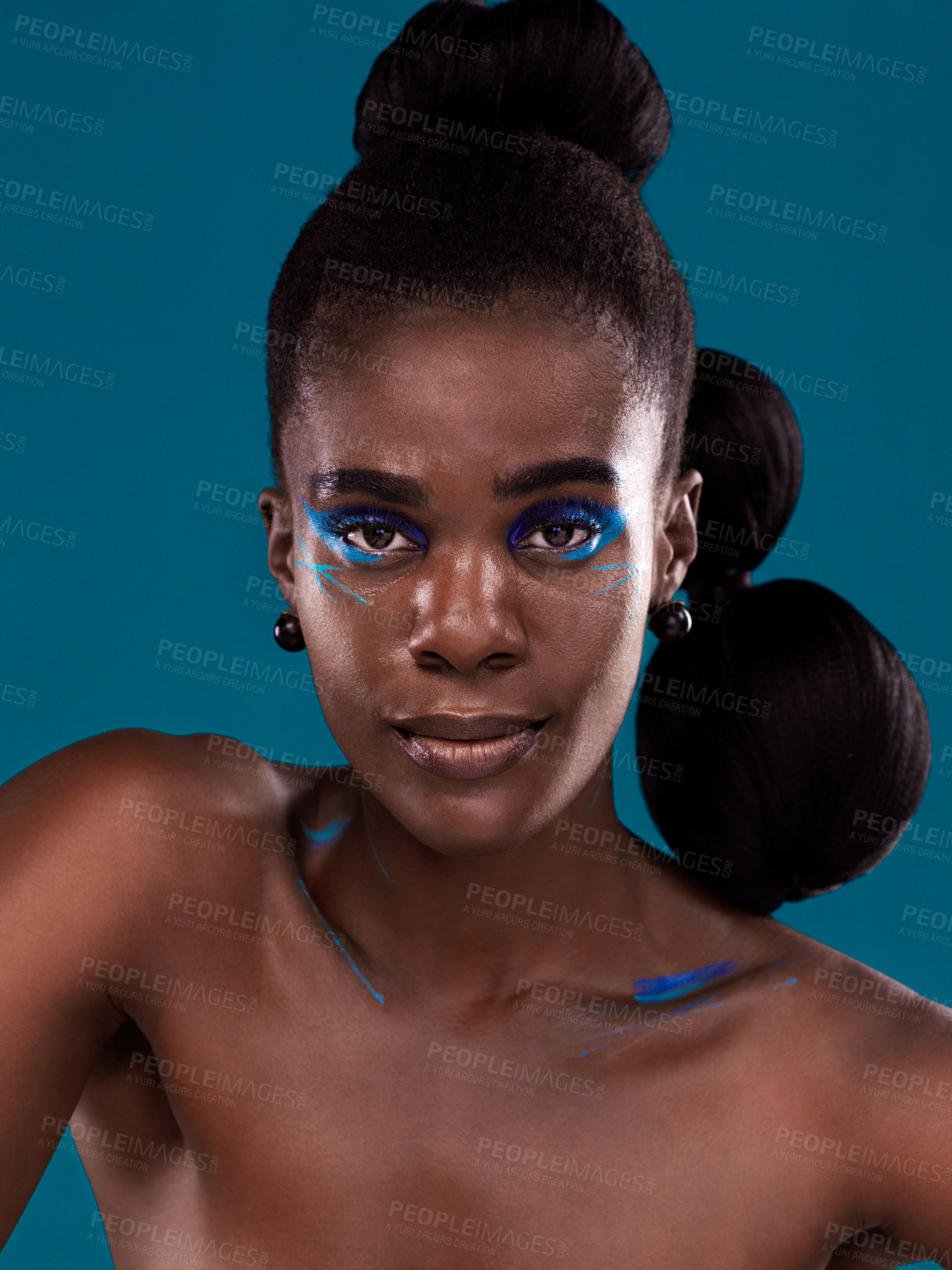 Buy stock photo Portrait, makeup and hair care with a black woman in studio on a blue background for natural cosmetics. Face, beauty and contemporary fashion with a beautiful female model posing for trendy style