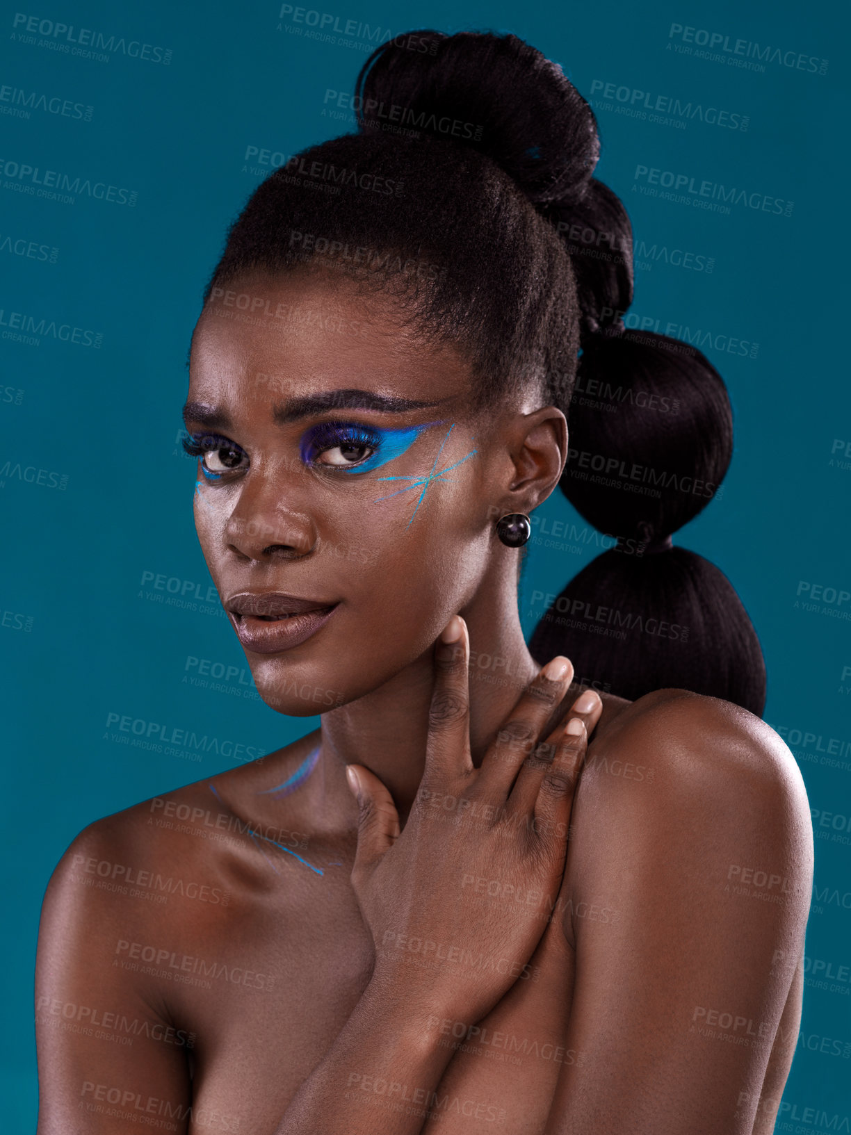 Buy stock photo Portrait, makeup and hair care with an african woman in studio on a blue background for hairstyle or cosmetics. Face, haircare and fashion with an attractive young female model posing for beauty