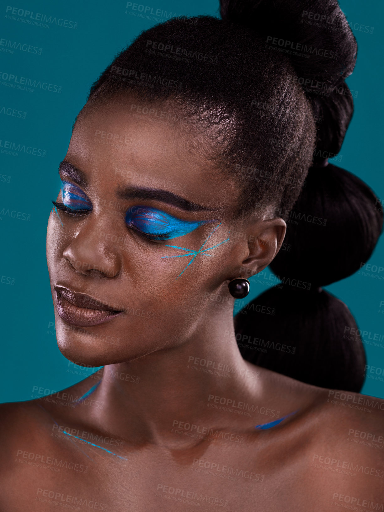 Buy stock photo Face, beauty and makeup with a black woman closeup in studio on a blue background for hair or fashion. Eyes closed, cosmetics and haircare with an attractive young female model posing for haircare