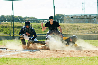 Buy stock photo Men, baseball or runner with referee on pitch for sports, point or match in tournament or outdoor game. Young, male people or players with dust for competition, score or safe on grass field or turf