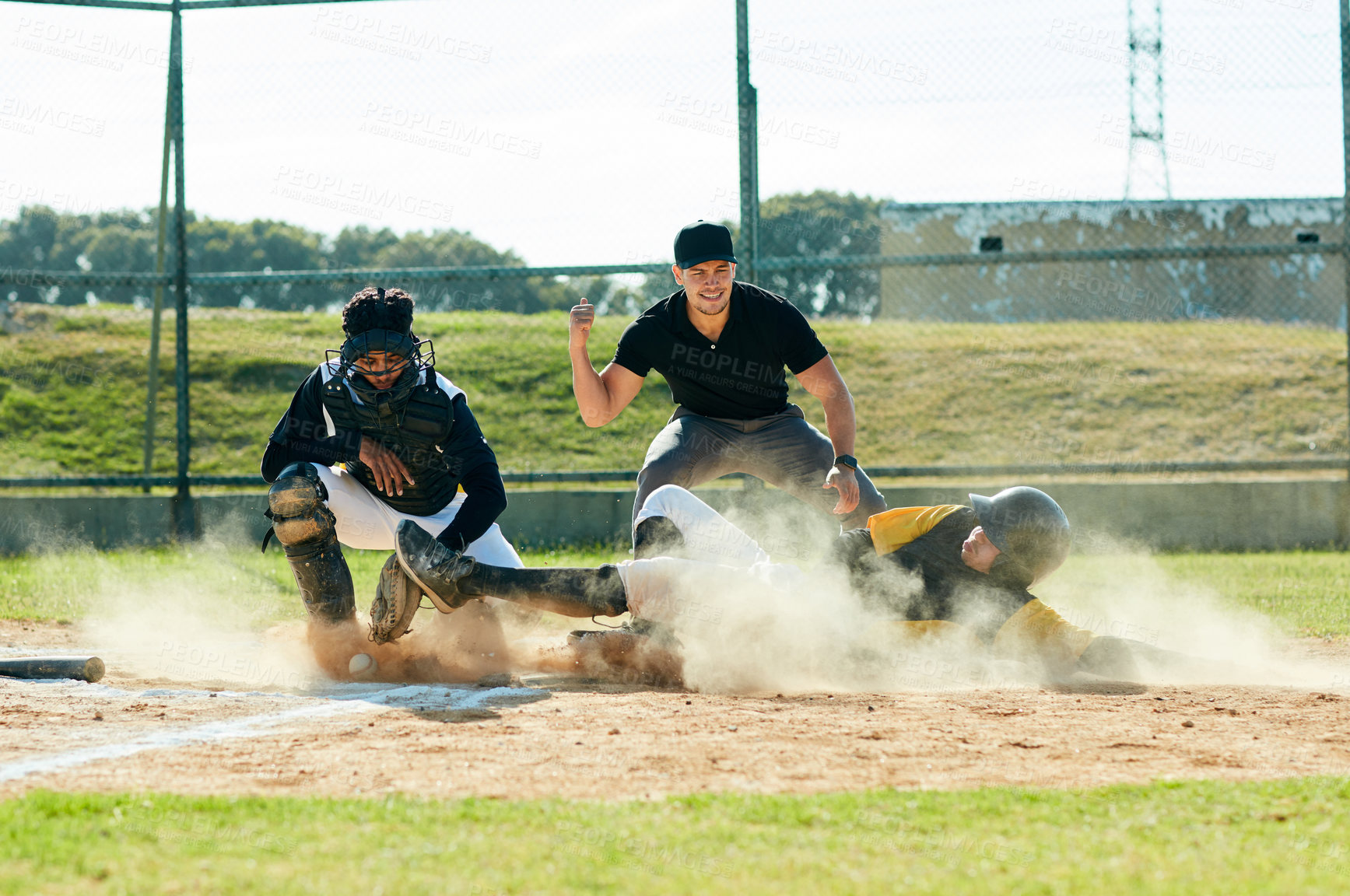 Buy stock photo Men, baseball or runner with referee on pitch for sports, point or match in tournament or outdoor game. Young, male people or players with dust for competition, score or safe on grass field or turf