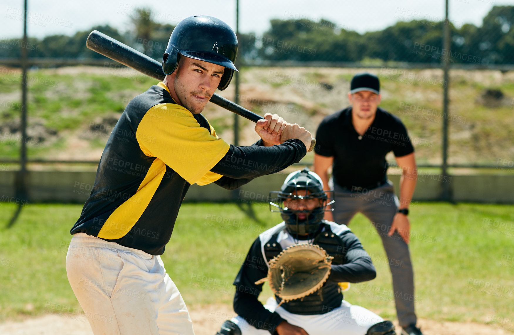 Buy stock photo Man, baseball and athlete with bat in portrait, outdoor pitch and training or practice. Male person, player and sports competition or fitness tournament, field and score at match or game in arena