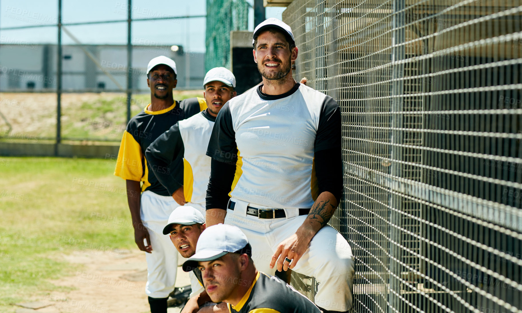 Buy stock photo Sports team, men and thinking with baseball field training for game challenge, outdoor exercise or workout. Collaboration, summer wellness and athlete in safety gear ready for practice in uniform