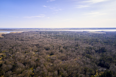 Buy stock photo Panoramic view of the Eastcost of Kattegat, Jutland, close to Mariager fjord, Denmark. Natural landscape with sparse vegetation and the horizon in the view. Seasons changing from winter to spring 