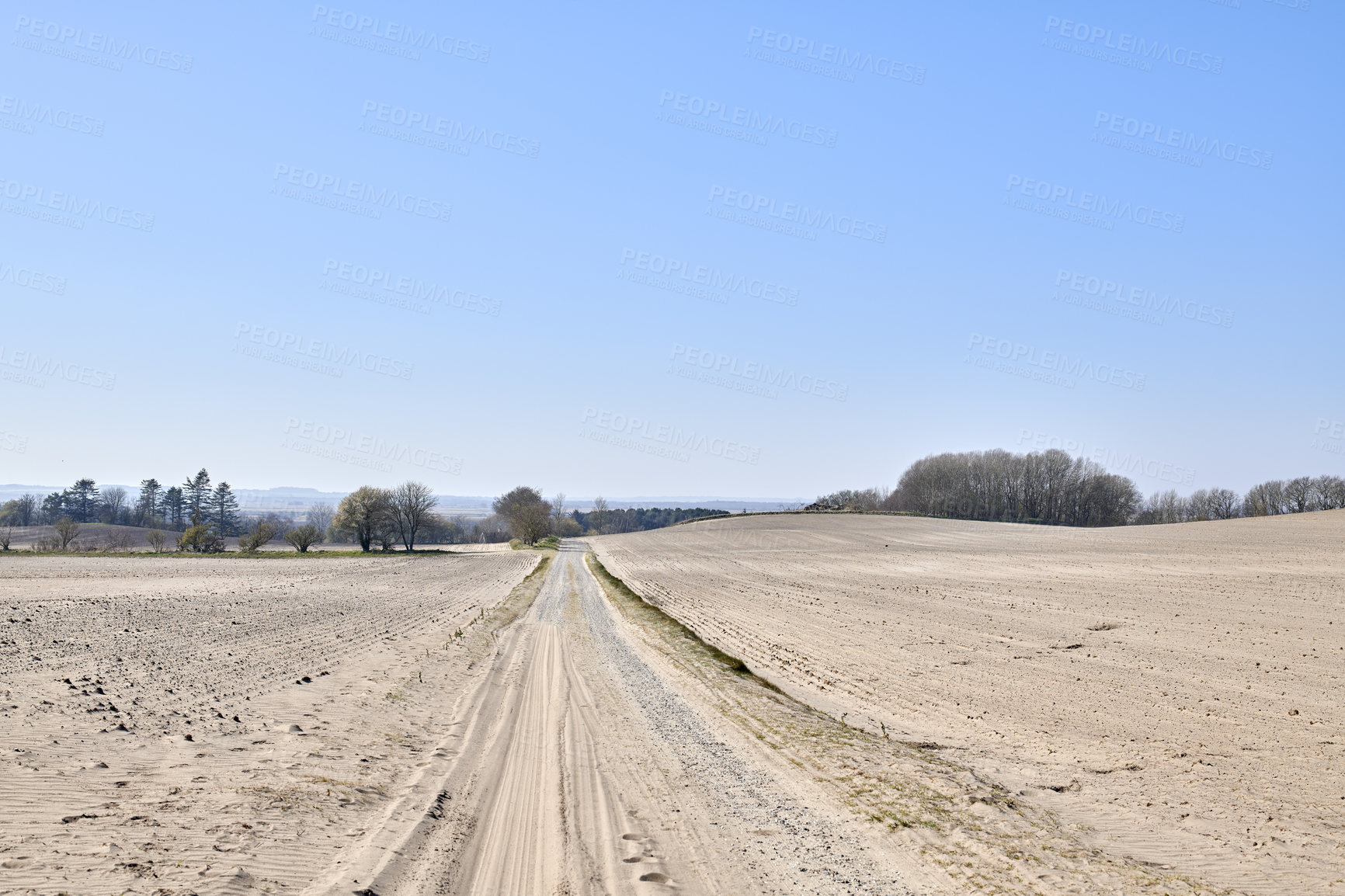 Buy stock photo Copy space and beautiful scenic autumn landscape of brown meadow, trees and bushes with a clear blue sky. Field with soil and dirt during the fall season. View of a remote countryside in Denmark