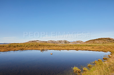 Buy stock photo Landscape of a lake near grass fields against a blue horizon with mountain hills. Calm water in marsh land on a sunny day near Bodo in Norway. Peaceful and secluded fishing location in scenic nature