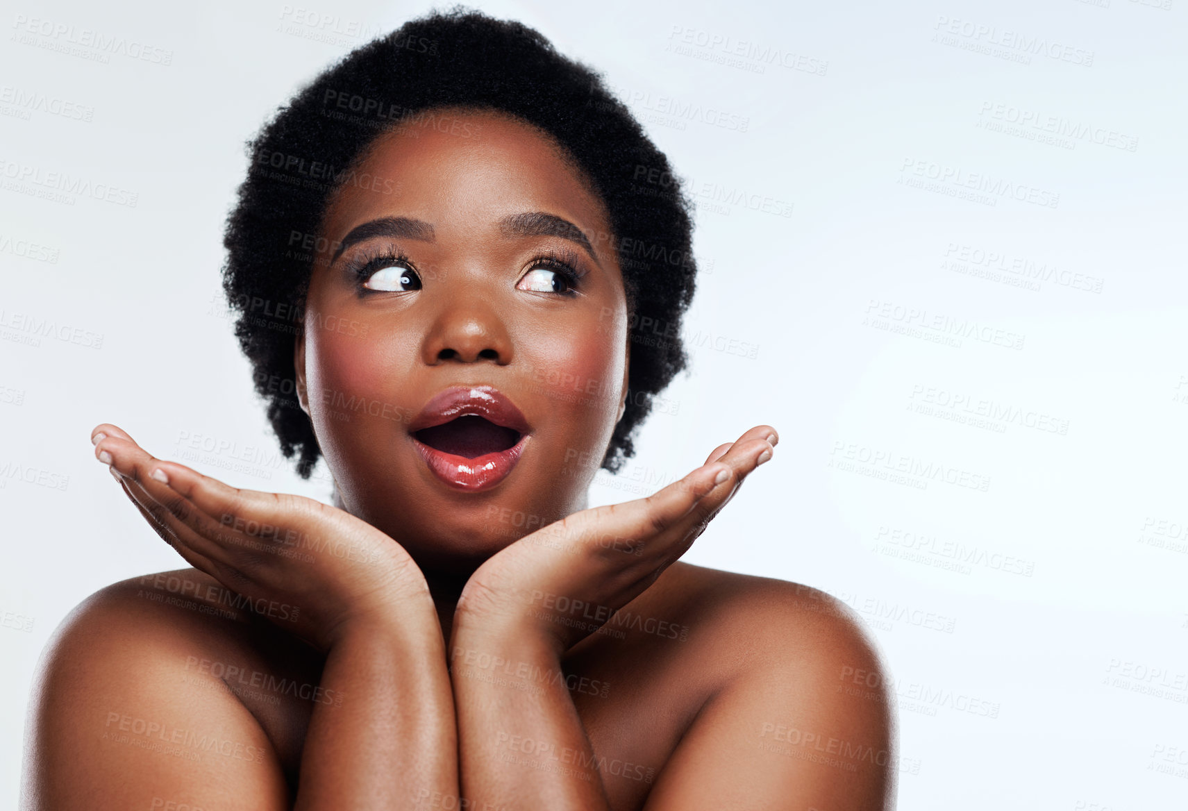 Buy stock photo Hands, black woman and wow for beauty, skincare and cosmetics on white background. Face, studio and omg with surprised for makeup or natural hairstyle, treatment and female person for self care