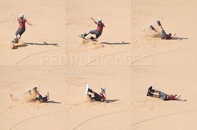 Buy stock photo Composite shot of a young man sandboarding in the desert