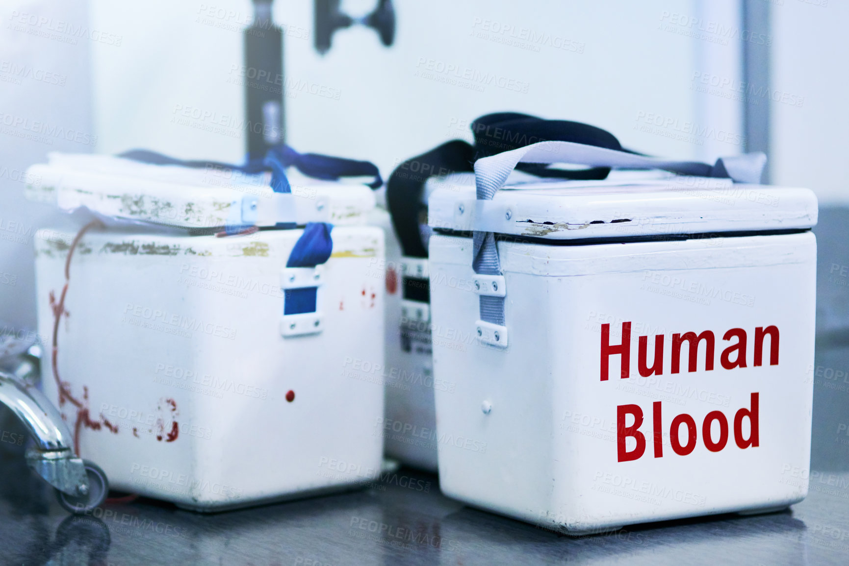 Buy stock photo Shot of boxes containing blood samples on a hospital floor