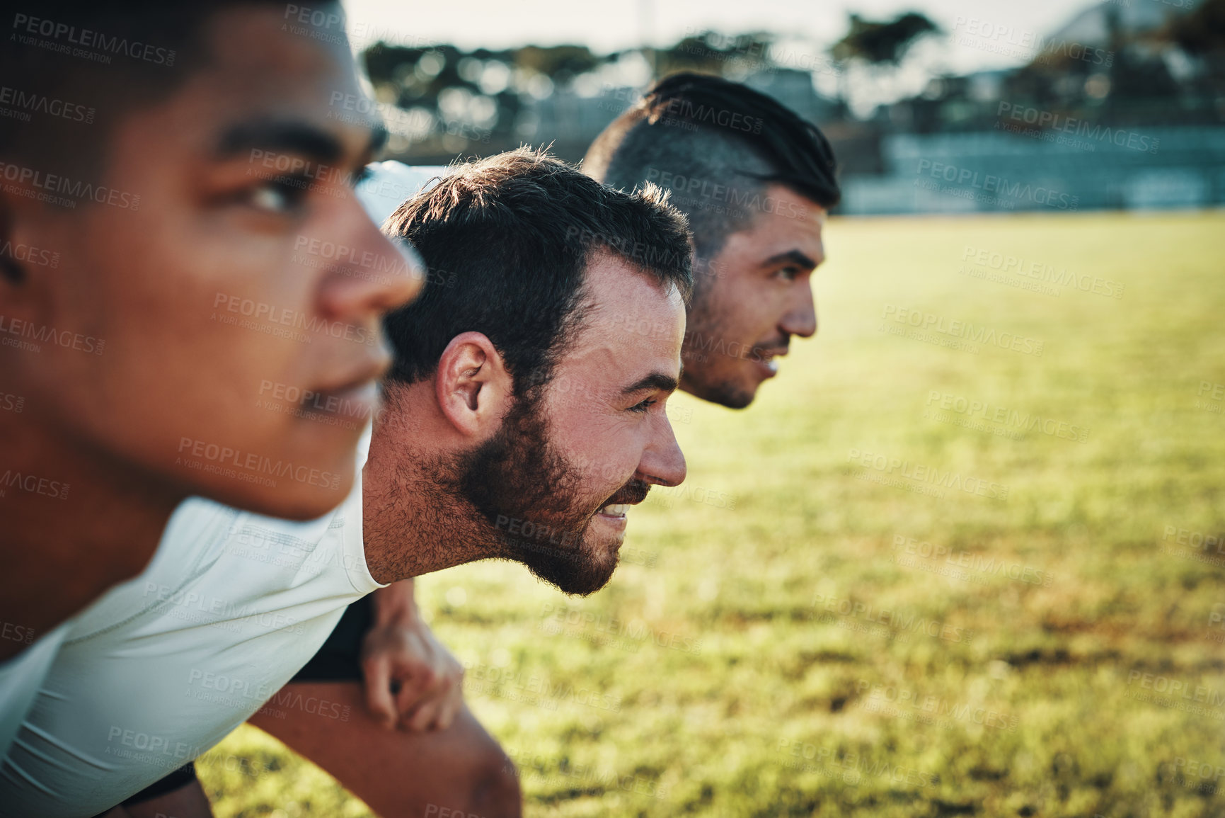 Buy stock photo Fitness, rugby and scrum with team of people outdoor on field together for competition or challenge. Exercise, performance and ready with sports player group on grass for start of game or match