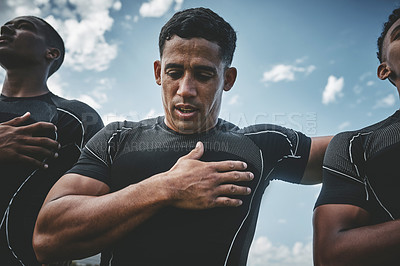 Buy stock photo Tradition, rugby and anthem with men on field for stadium, sports and premiership league. Patriotism, athlete and competition with people in training club for tournament, games ceremony and teamwork