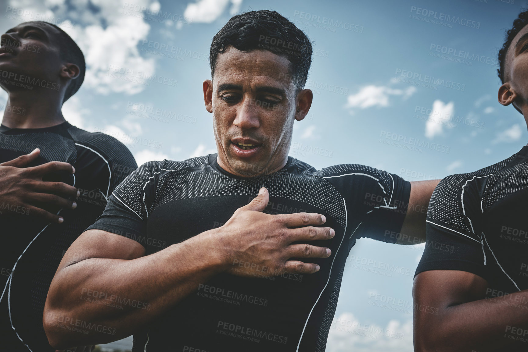 Buy stock photo Tradition, rugby and anthem with men on field for stadium, sports and premiership league. Patriotism, athlete and competition with people in training club for tournament, games ceremony and teamwork