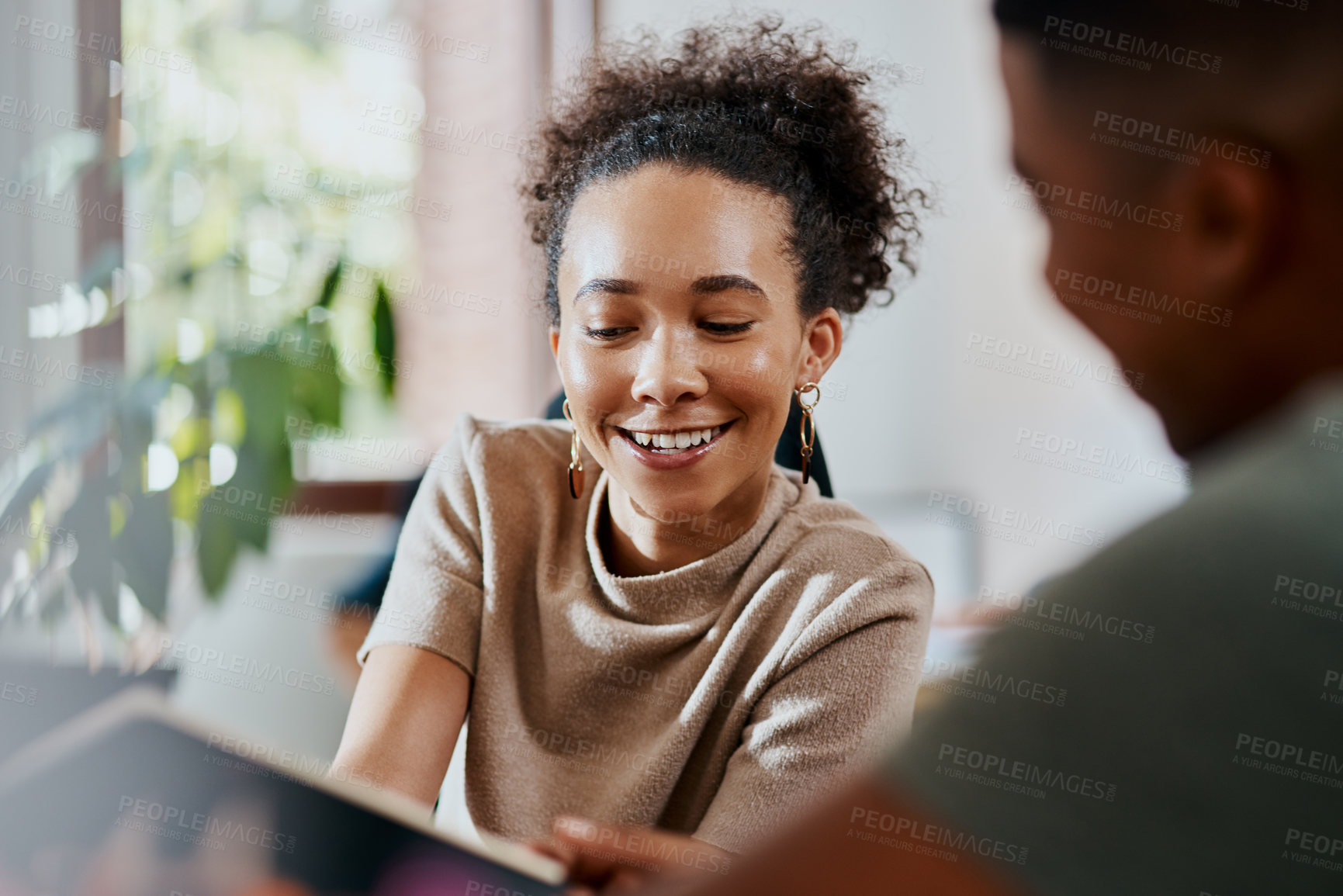 Buy stock photo Creative, man and woman with notes for advice, collaboration or planning ideas together in office. Business people, design team and notebook for discussion, opinion or help with project internship.