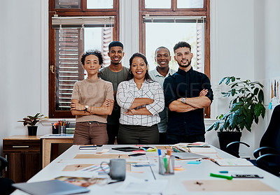 Buy stock photo Business people, smile and arms crossed at startup with portrait for solidarity at media company. Group, men and women with synergy, connection and happy for graphic design project at creative agency