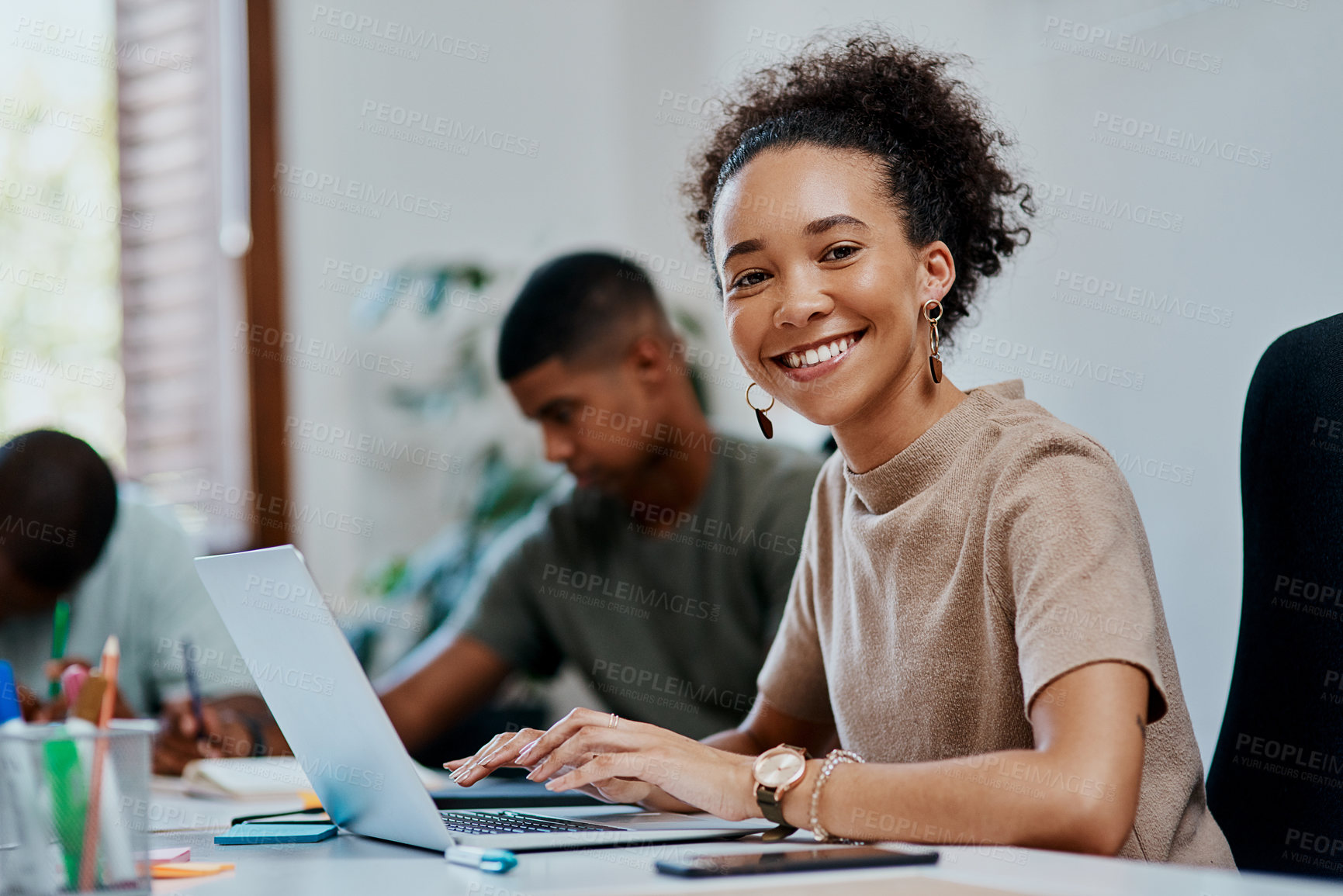 Buy stock photo Business, woman and happy with laptop portrait in coworking office for project planning and online research. Design teamwork, employee and smile with technology at desk for creative collaboration