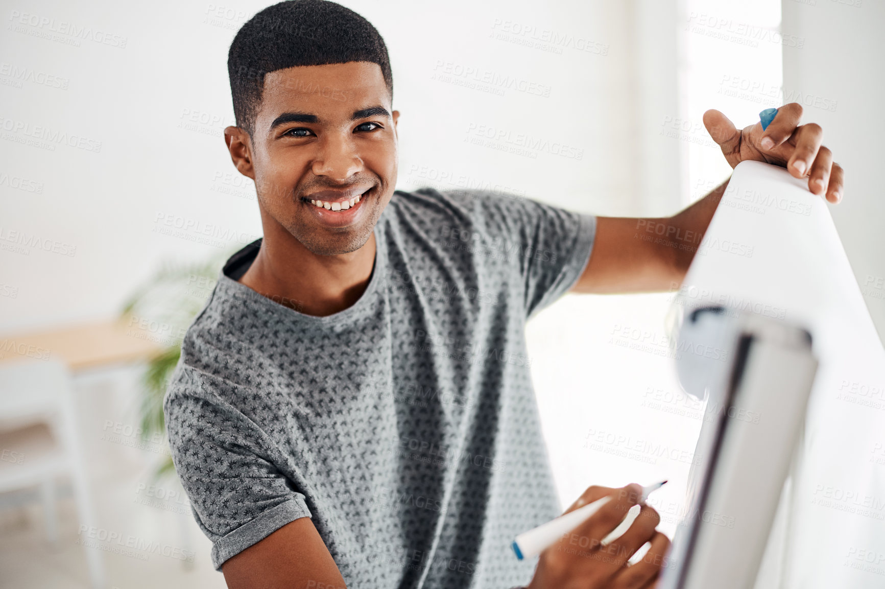 Buy stock photo Black man, portrait and writing with presentation on whiteboard for meeting, proposal or ideas at office. Creative person or employee taking notes for company mission, goals or startup on flipchart