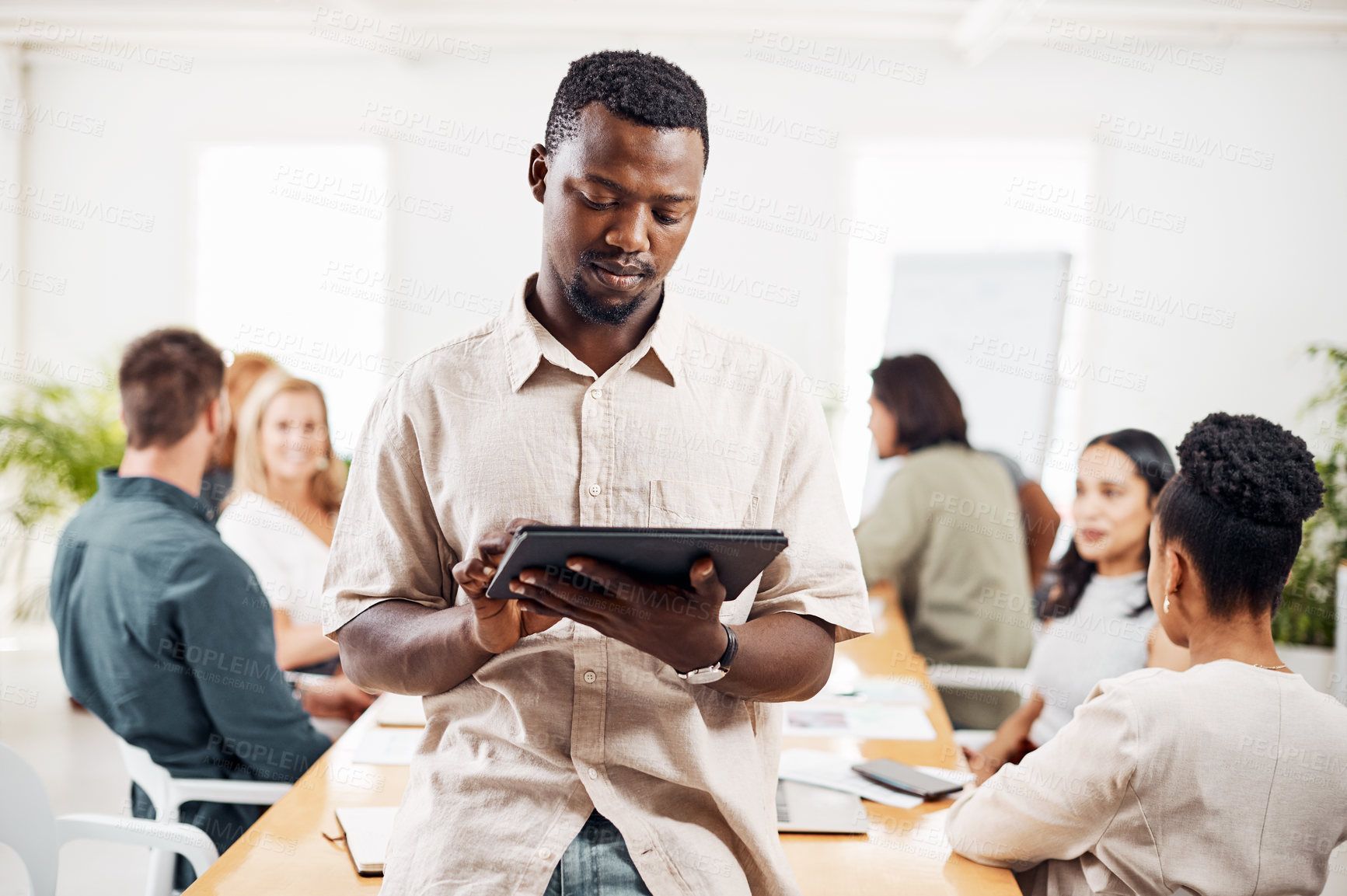 Buy stock photo Employee, man and office with tablet in meeting in online research for ideas and digital. Business people, teamwork and collaboration in boardroom for brainstorming in workshop for company growth