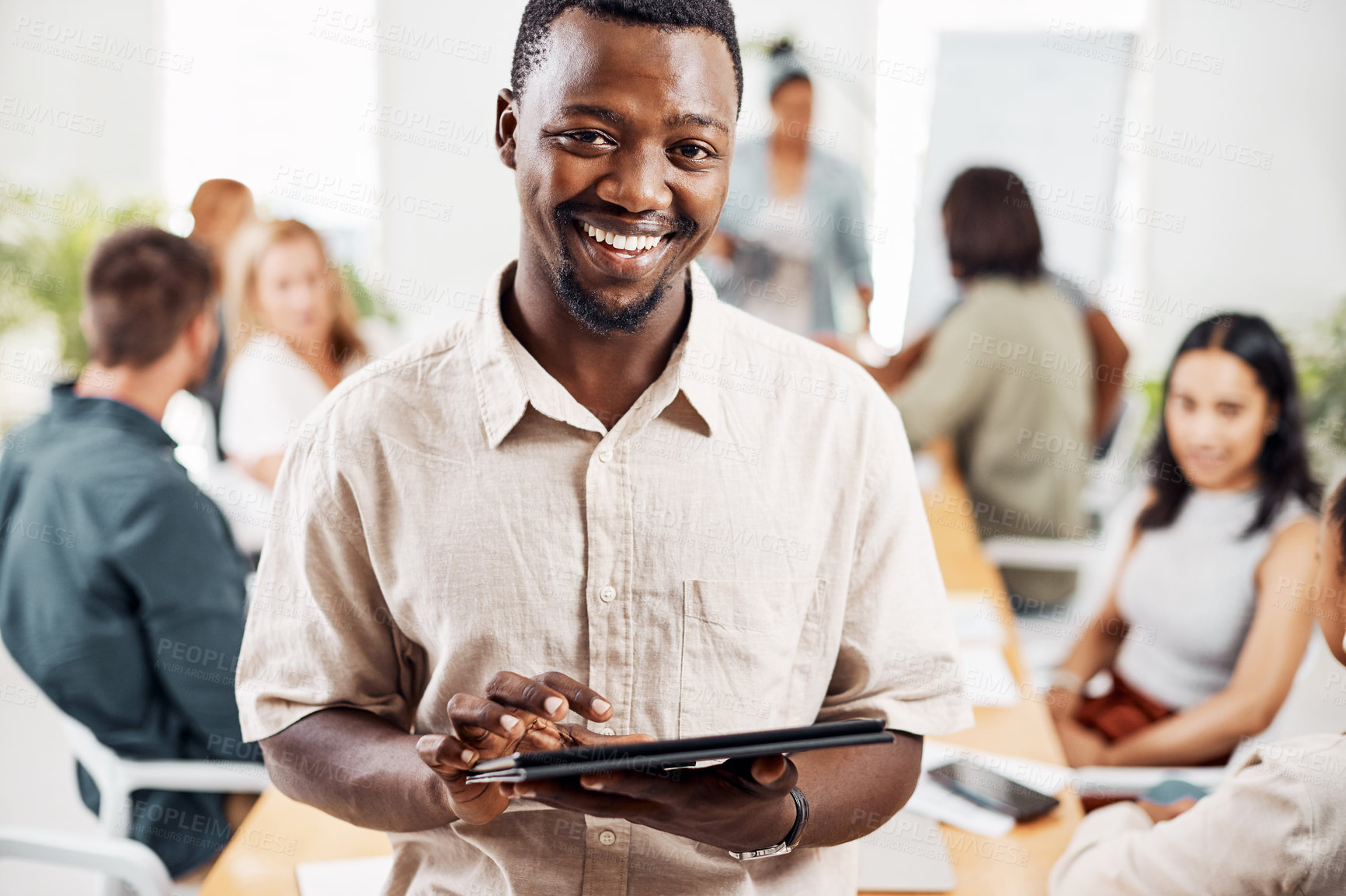 Buy stock photo Employee, black man and smile with tablet in office for meeting, brainstorming and strategy. Happy, confidence and proud on portrait in boardroom for teamwork, collaboration and online research