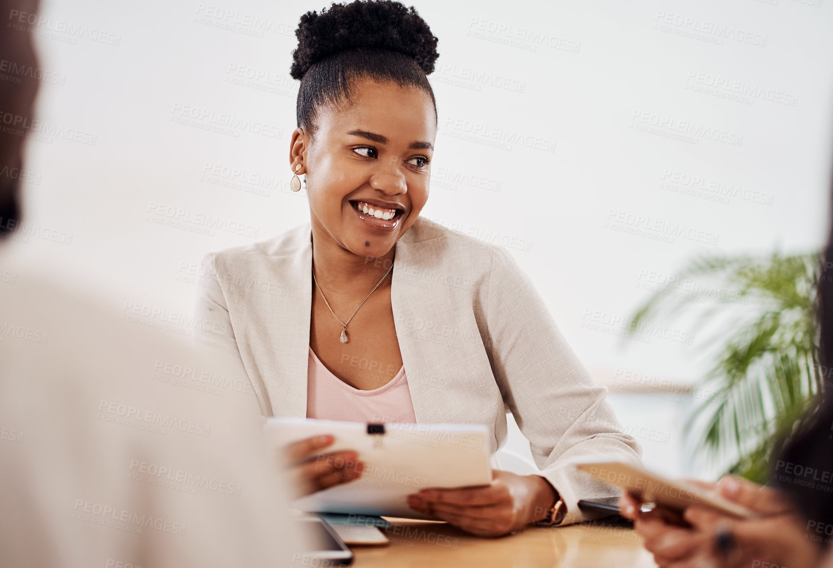 Buy stock photo Happy woman, meeting or tablet in office for business, brainstorming or teamwork for planning project. People, company and discussion in conference room for agenda, ideas and collaboration together