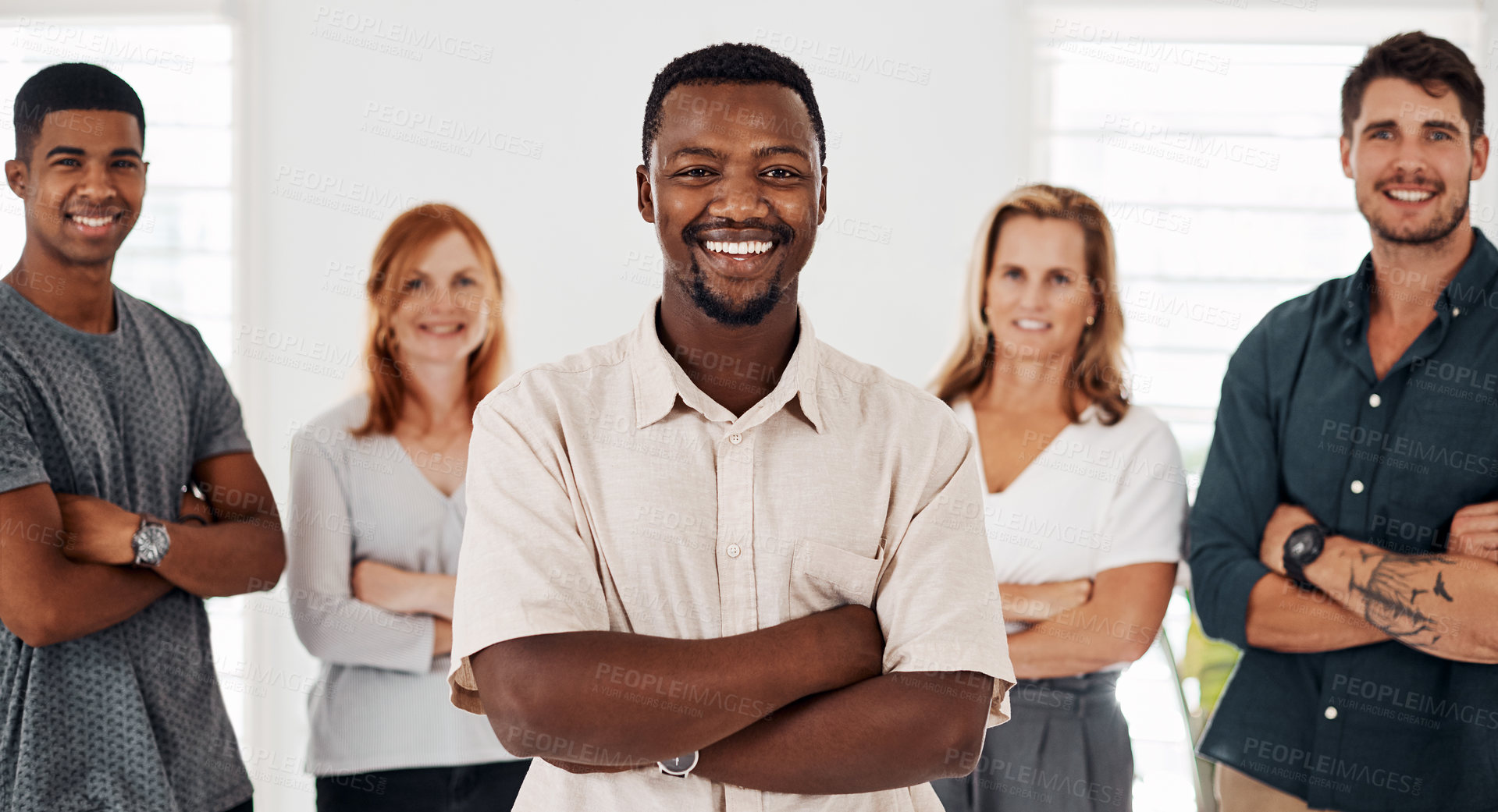 Buy stock photo Business people, portrait and arms crossed for teamwork in office with leadership, company pride and happy. Design group, collaboration and employees with diversity, creative agency and solidarity