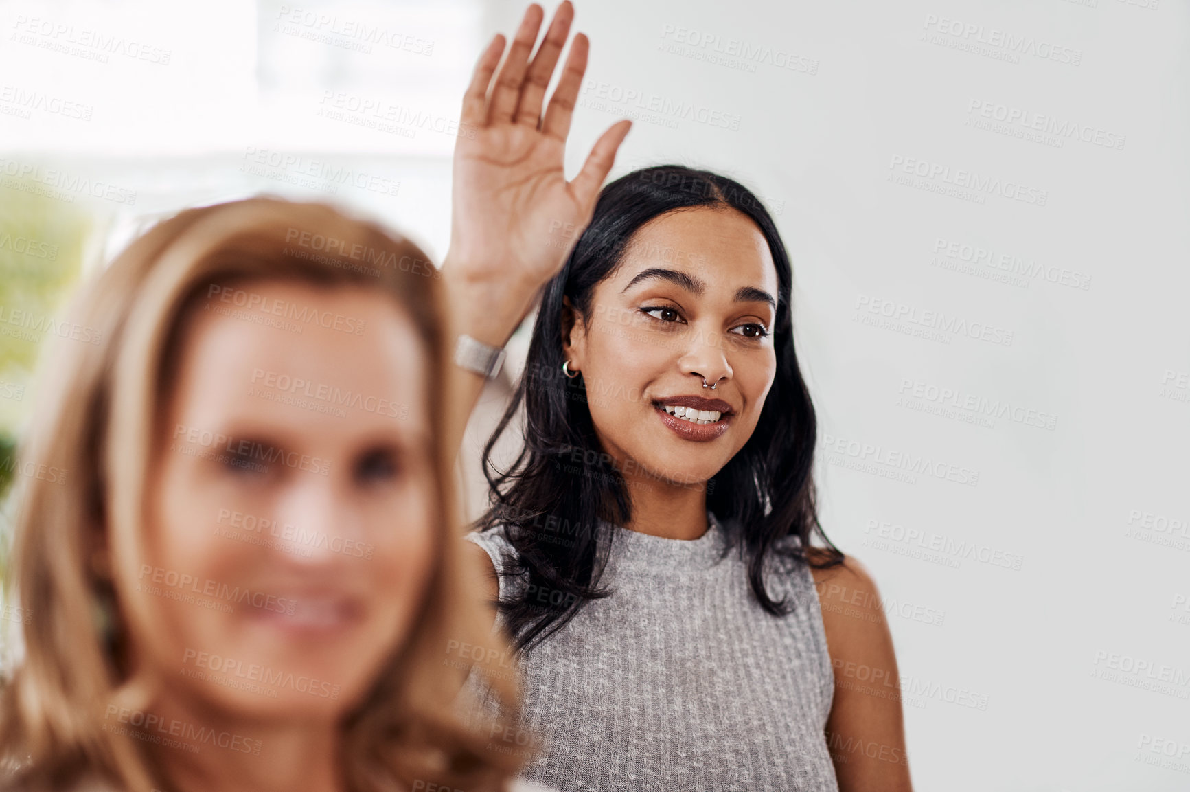 Buy stock photo Woman, business people and question with raising hand in meeting for presentation, pitch or proposal. Team, pride and collaboration for project, brainstorming or onboarding as community in corporate