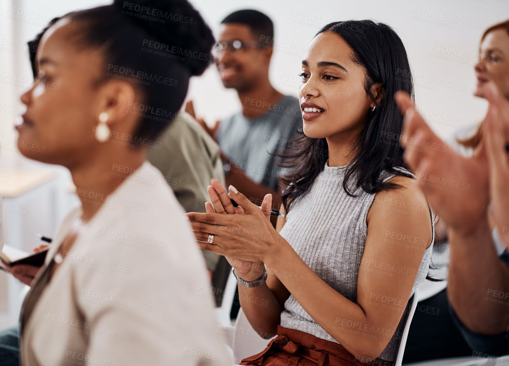 Buy stock photo Team, business people and clapping with applause in meeting for presentation, pitch or proposal. Group, pride and collaboration for project, brainstorming or celebration as community in job workshop