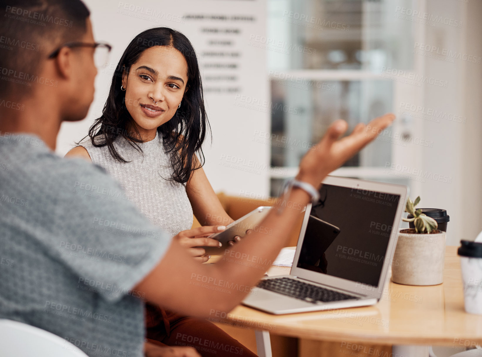 Buy stock photo Business people, laptop and planning in meeting, conversation and brainstorming for project. Feedback, cooperation and startup with employees, share ideas and presentation for proposal and creativity