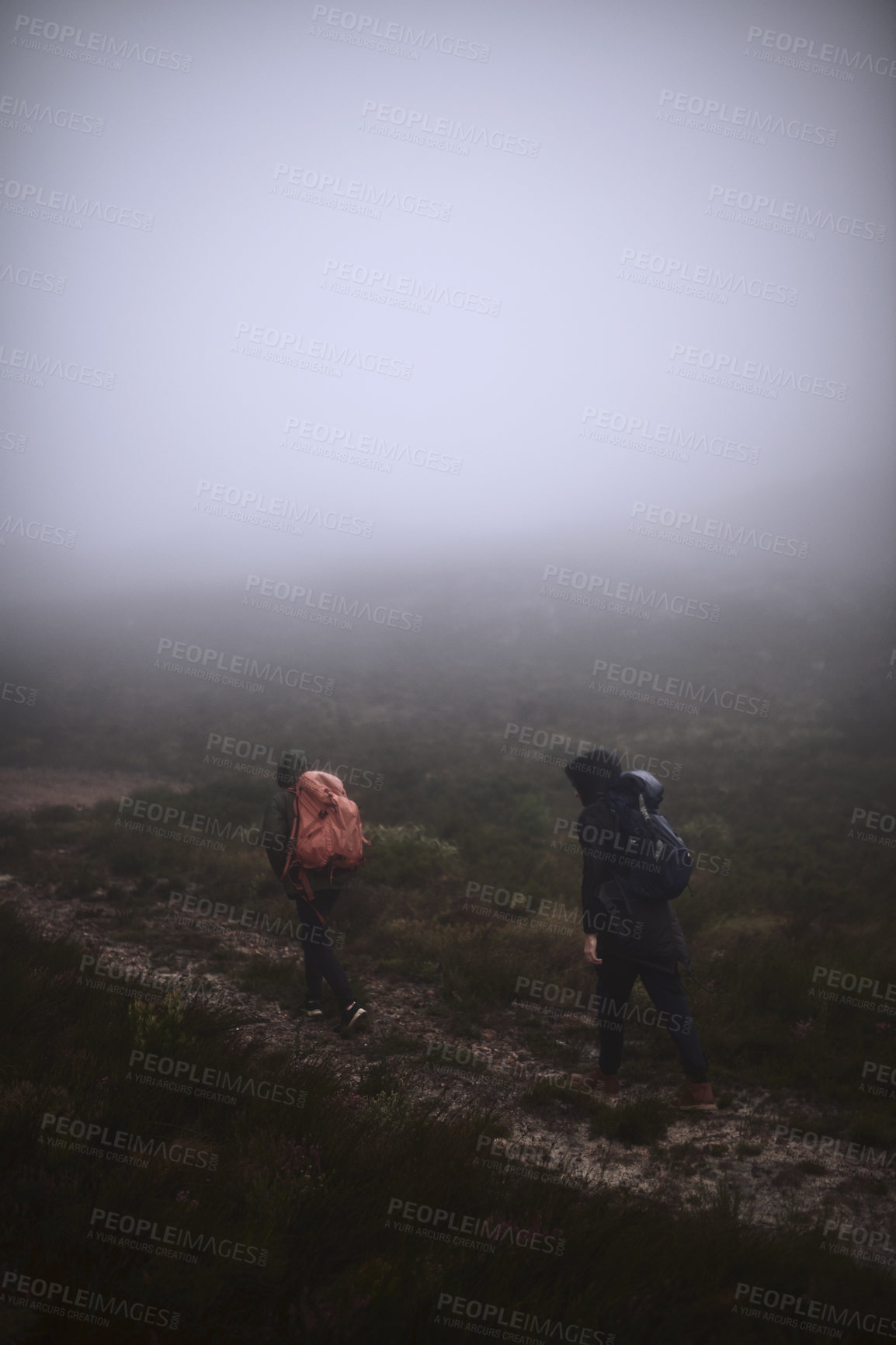 Buy stock photo Shot of two male friends out hiking in the mountains on a foggy day