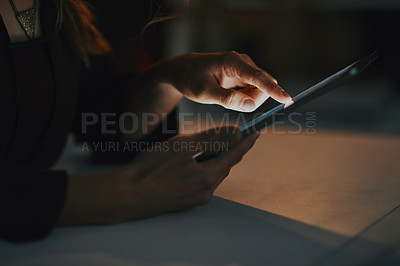 Buy stock photo Night, finger and person with tablet, office and creative for business, hands and browsing of email. Online, entrepreneur and social media specialist with app, dark and working late for project