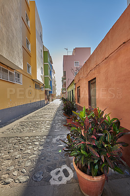 Buy stock photo City view of residential houses or buildings in quiet alleyway street in Santa Cruz, La Palma, Spain. Historical spanish and colonial architecture in a tropical village and famous tourism destination